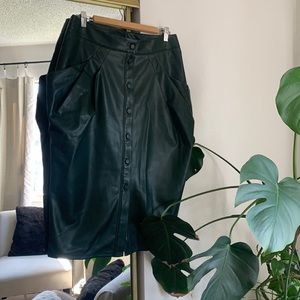 Vegan green leather button midi length skirt with pockets